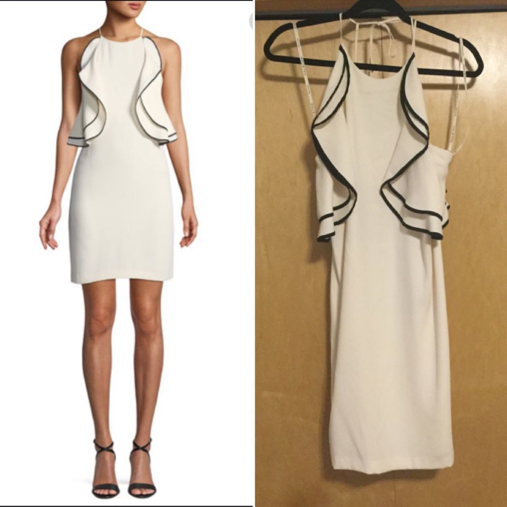 HALSTON Ruffled Crepe Halter Dress In Cream/black